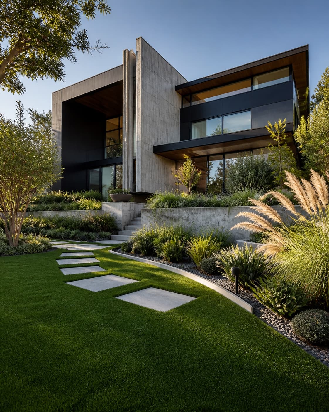 Proyecto arquitectónico contemporáneo con jardín de grama artificial y paisajismo