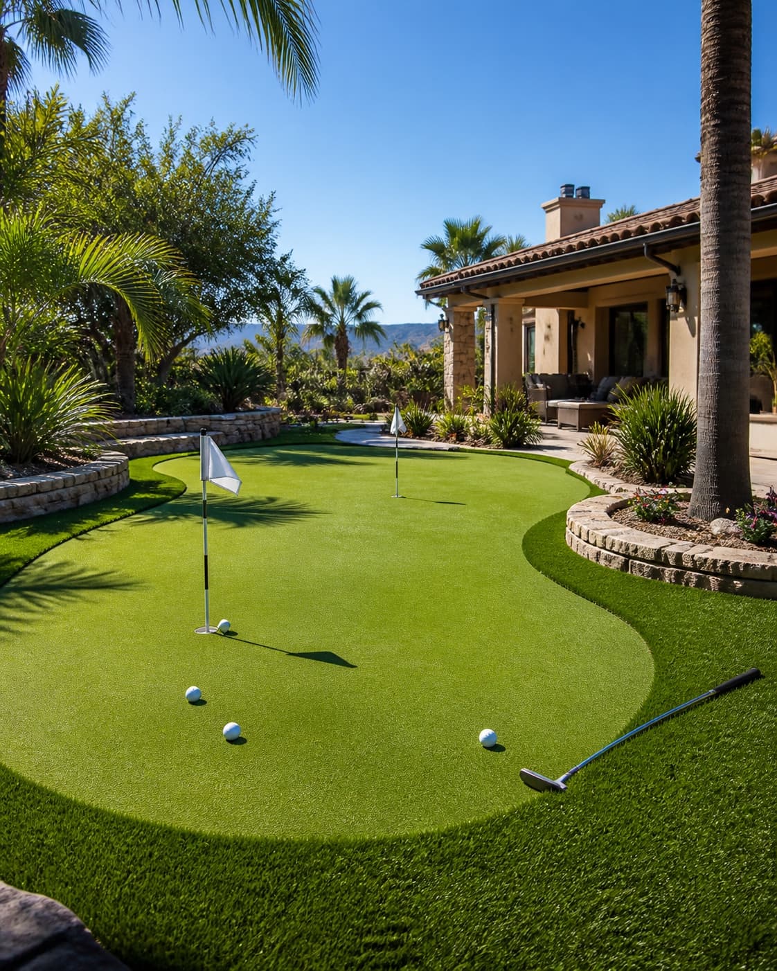 Putting green residencial con banderas, palmeras y una casa al fondo